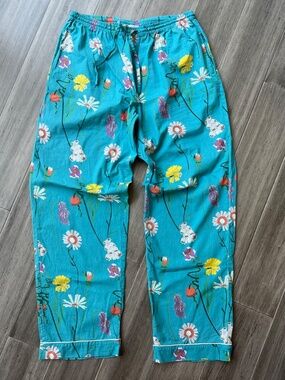 Anthropologie Their Nibs Teal Blue Floral Print Cotton Pajama Lounge Pants S